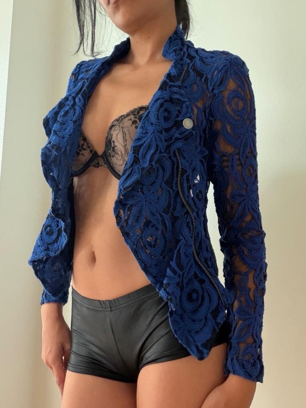 Y2K INC Cobalt Blue Lace Moto Blazer Grunge Zipper Jacket